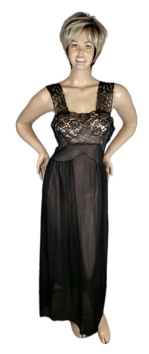 Vintage 50s Mojud Black Chiffon & Lace Slip Dress Sheer Long Maxi Nightgown 38 M