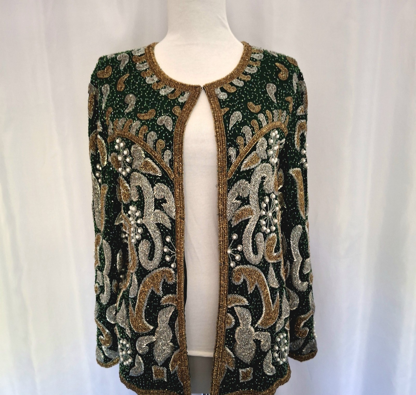 Vtg 80s Lawrence Kazar Heavily Beaded and pearled jacket Blazer Silk Stunning M