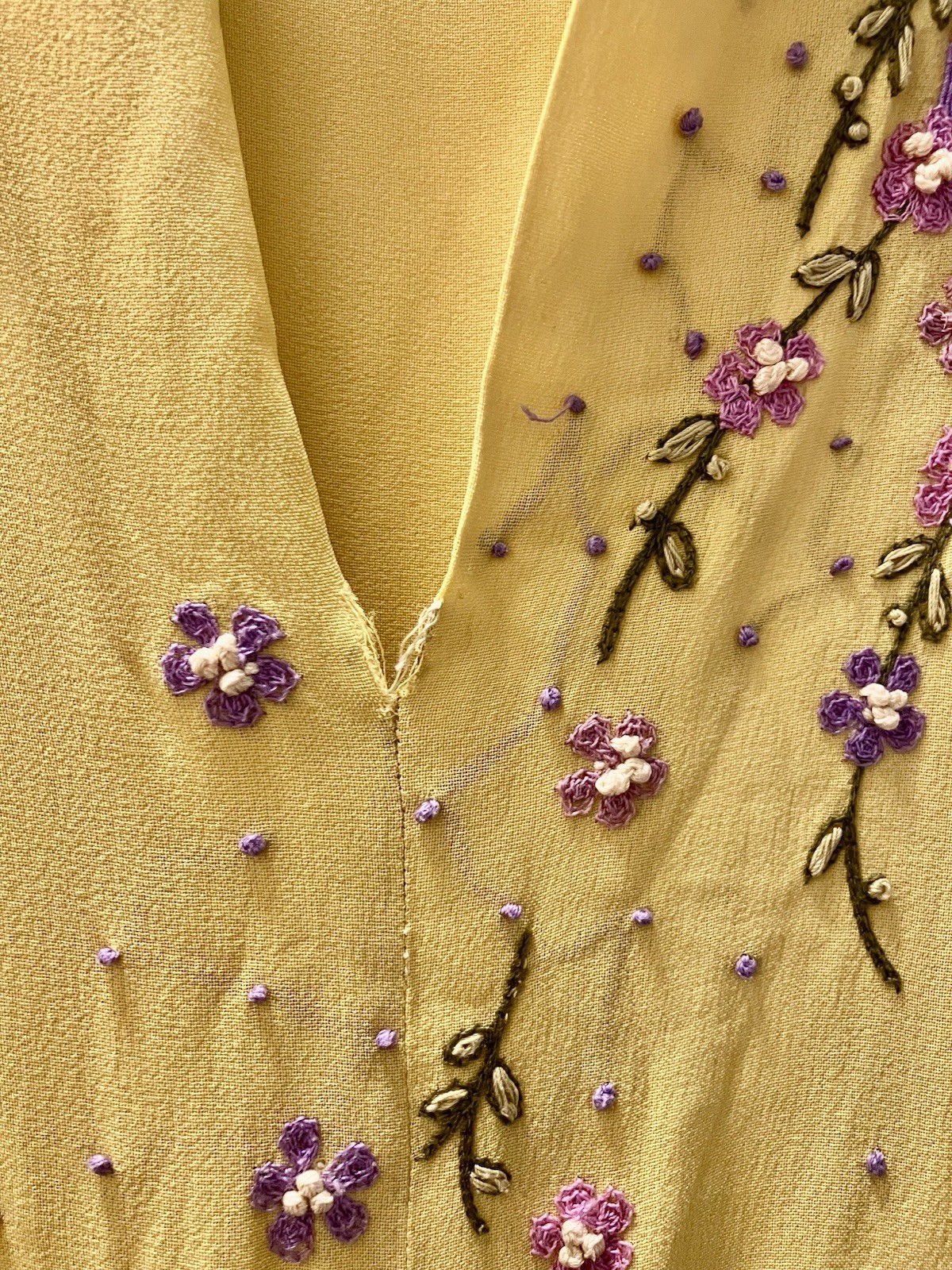 1940s Vintage Yellow Crepe Purple Flowers Embroidered Long Dress Gown Sz S AS IS