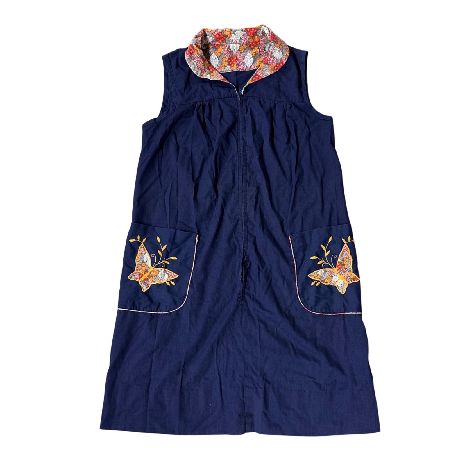 Vintage Duster Housecoat Handmade 1970s Sleeveless Floral Butterfly Pockets