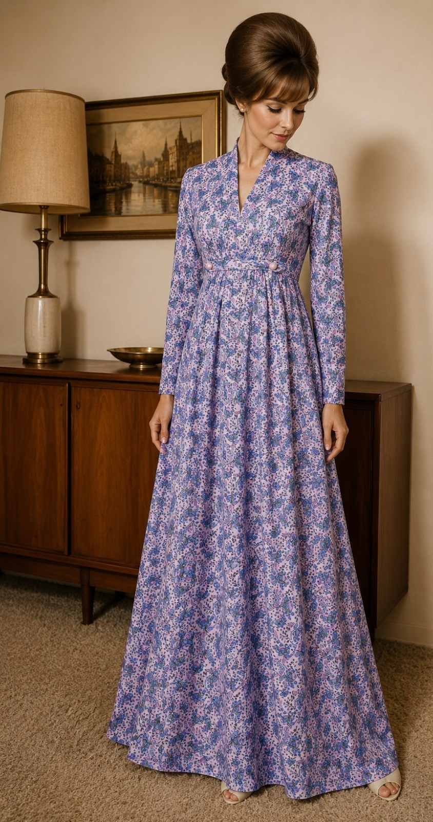 Vintage 70s Handmade Polyester Hostess Gown Pink Maxi Dress Prairie Cottagecore