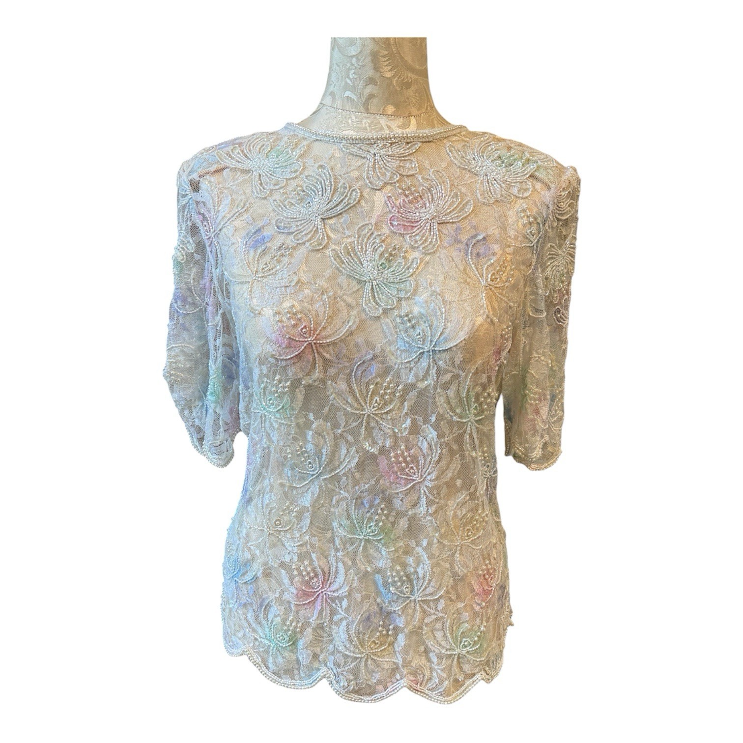 Vintage 80s/90s Scala Pastel Beaded & Sequined Floral Lace Blouse