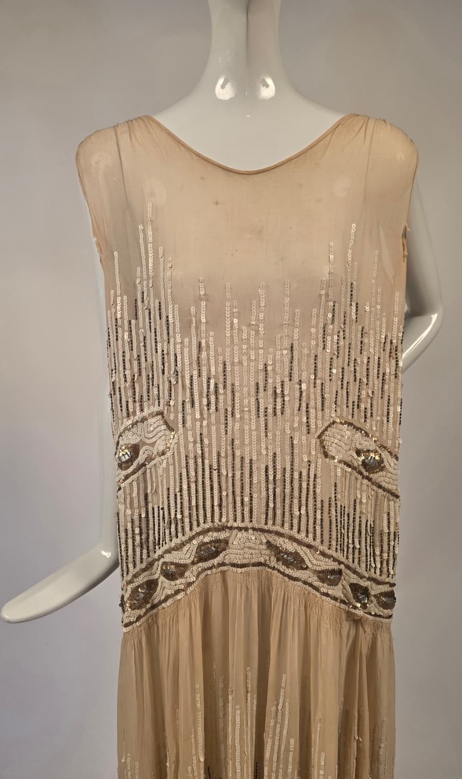 FRENCH COUTURE FLAPPER 1920’S SILK CHIFFON DRESS W SEQUINS + BEADS + SILVER LAME
