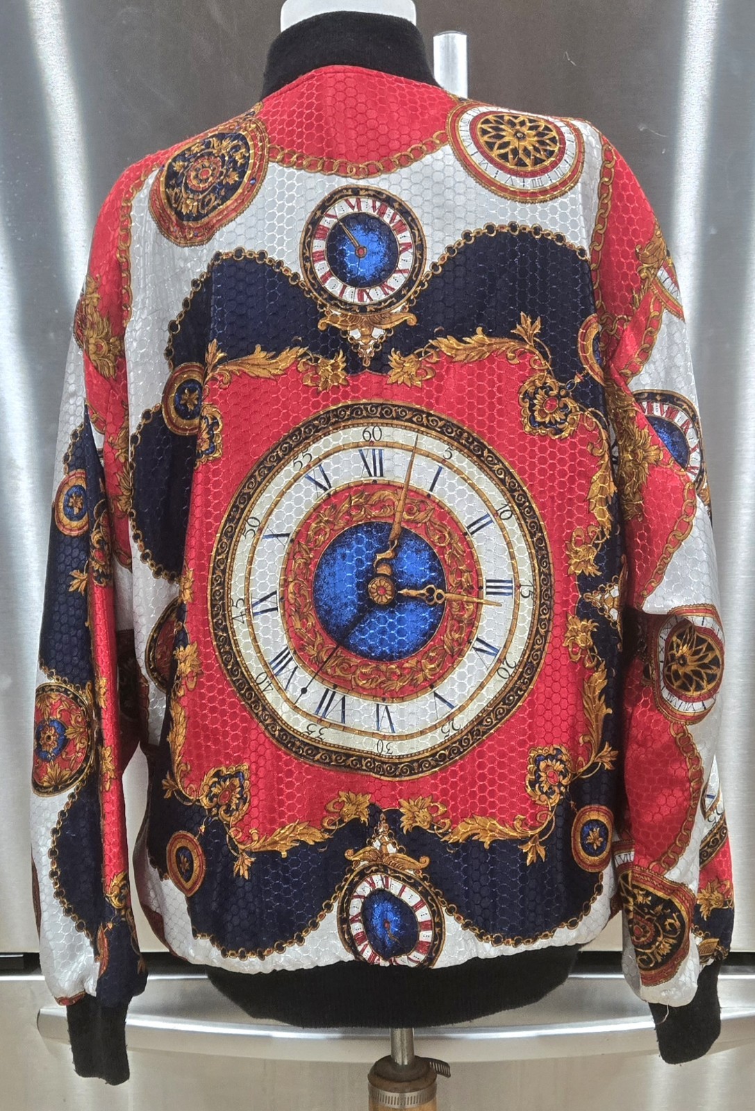 1980s Reversible Reflective Silky Baroque Clock Medallion Bomber Jacket Sz L