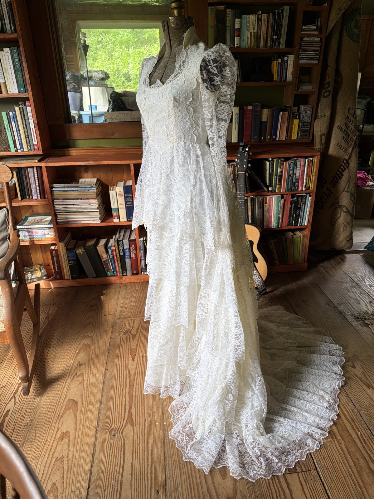 Bridallure Alfred Angelo Vintage Wedding Dress, Lace, Ruffled Tiered Long Sleeve