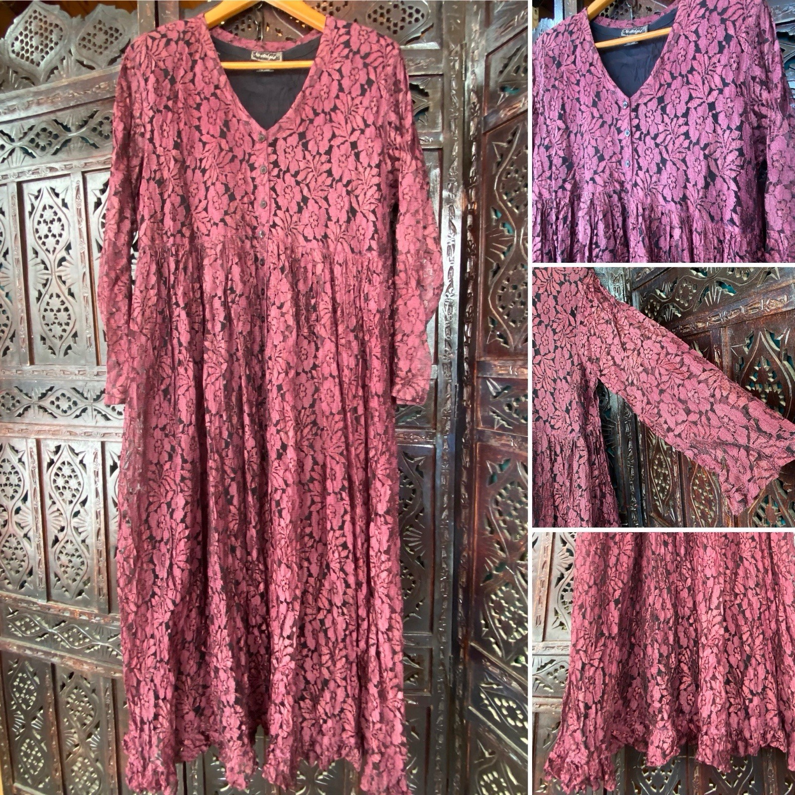 VTG Nostalgia Lace Babydoll Midi Dress Womens M Burgundy 90s Grunge Whimsigoth
