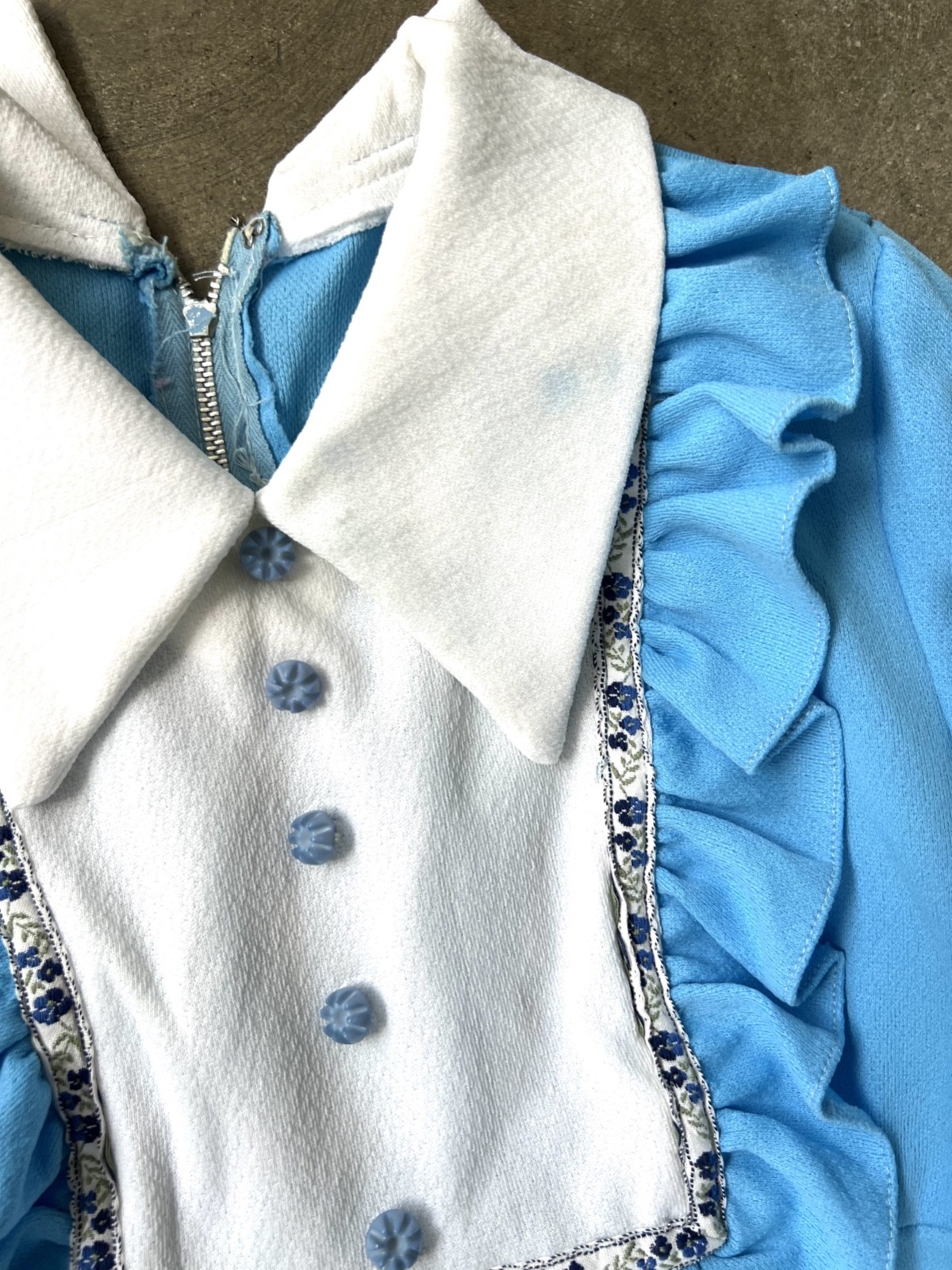 VTG 60s 70s Babydoll Pleat Mini Dress Blue White Ruffle Bib Collar Mod GoGo XS S