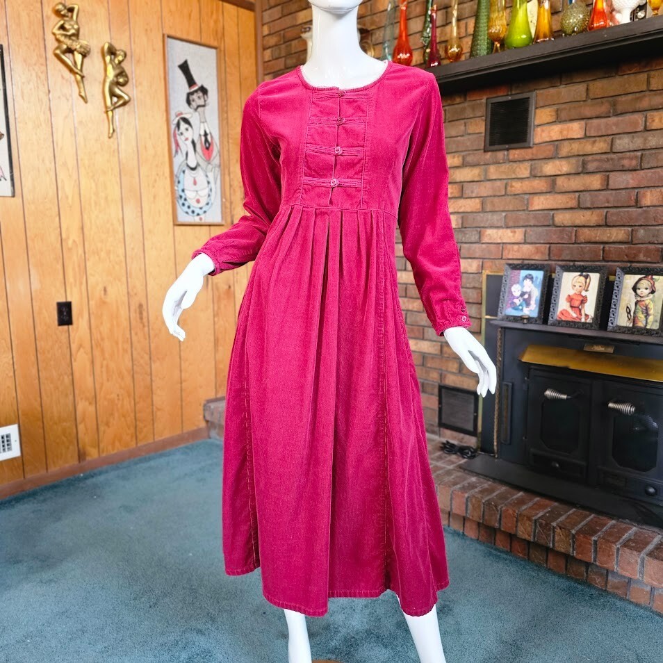 Vtg 80s Homespun Wine Corduroy Cotton Modest Country Prairie Button Dress S/M