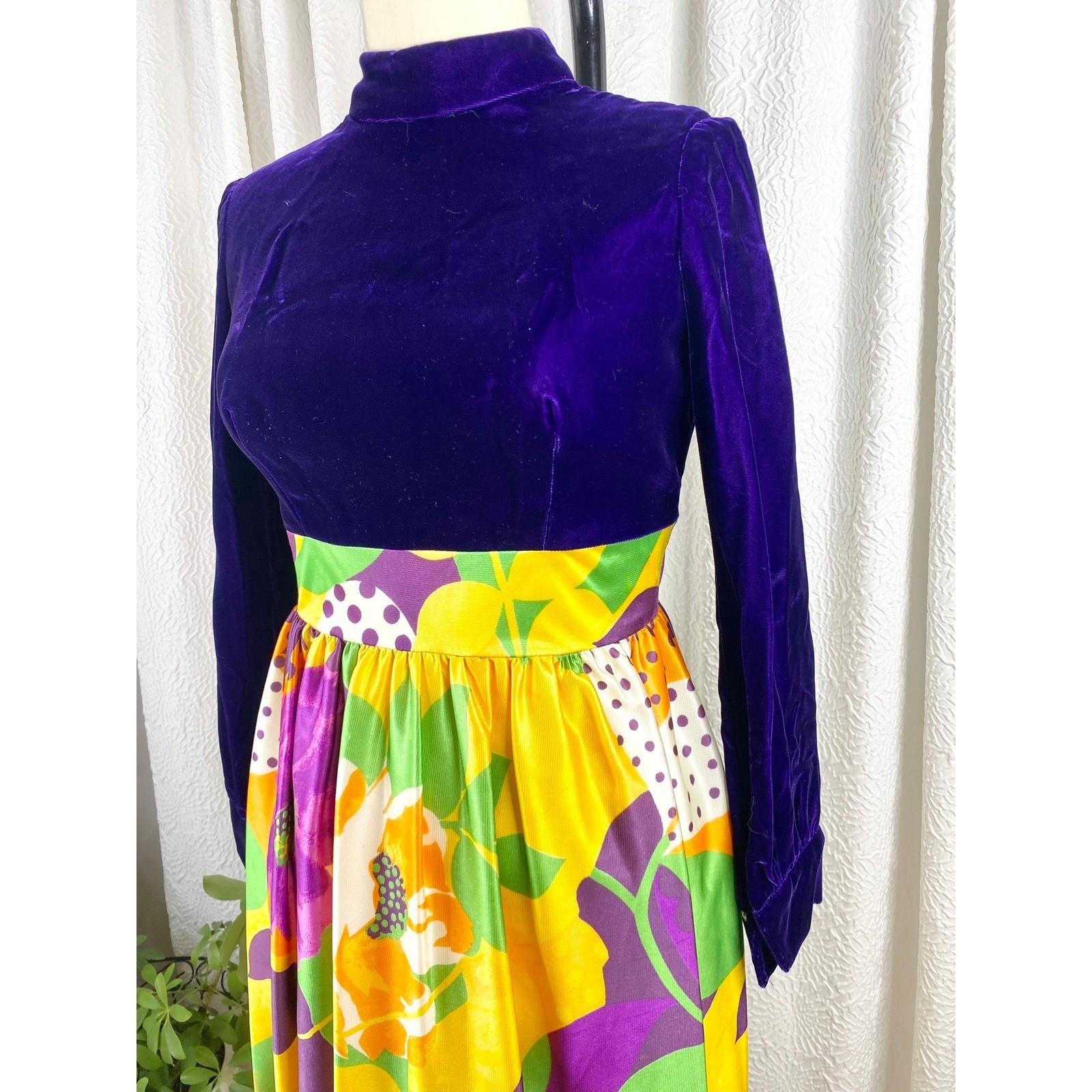 Vintage 1960s Floral Velvet Maxi Dress, Mod Style, Size S