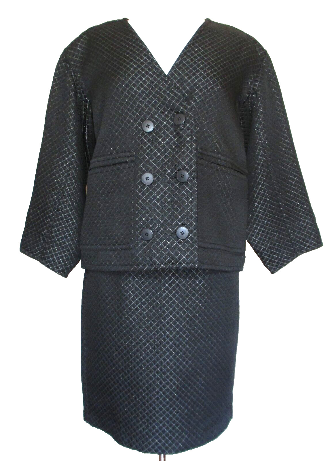 Vtg Bill Blass Skirt Suit Small Women Black Quilted Silver Thread Boxy Jacket