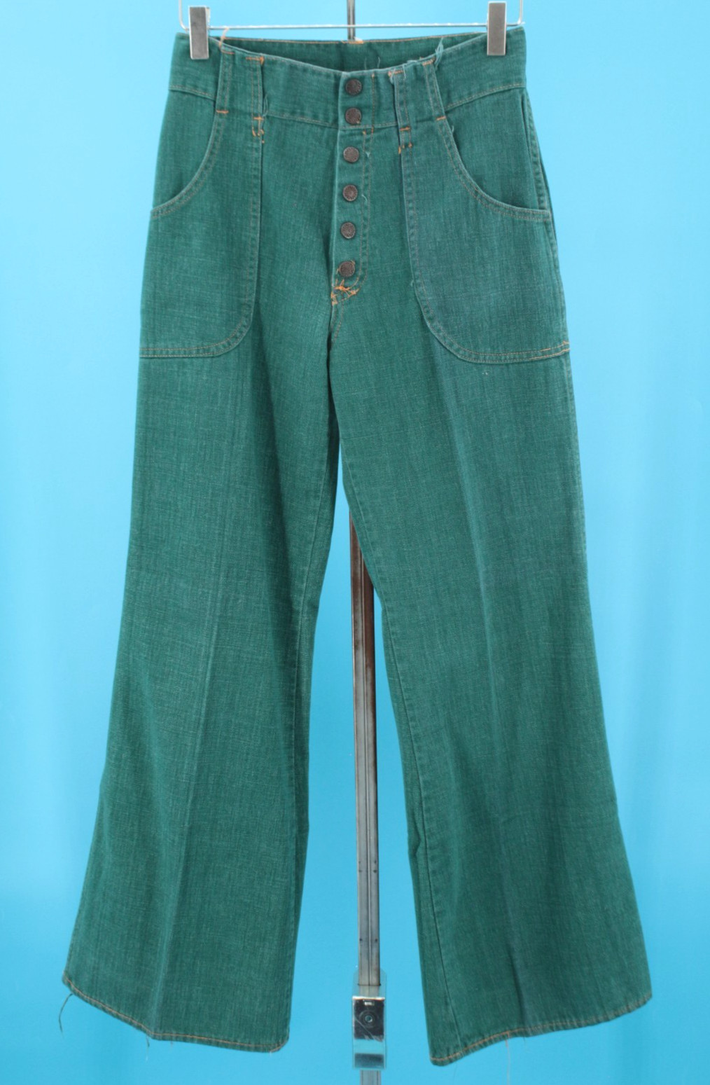VTG Womens 70s Hunter Green Denim Snap Button Fly Bell Bottom Jeans Sz 28&Prime; 1970s