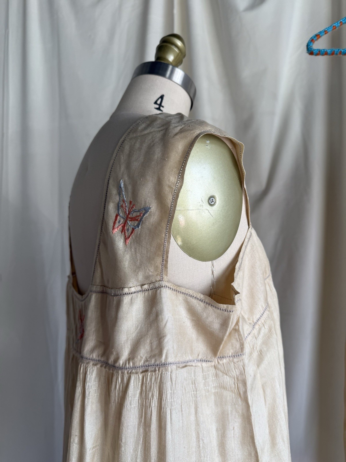Antique 1920’s Pongee Slip Step-in Butterfly Embroidery Chemise Écru Silk Set