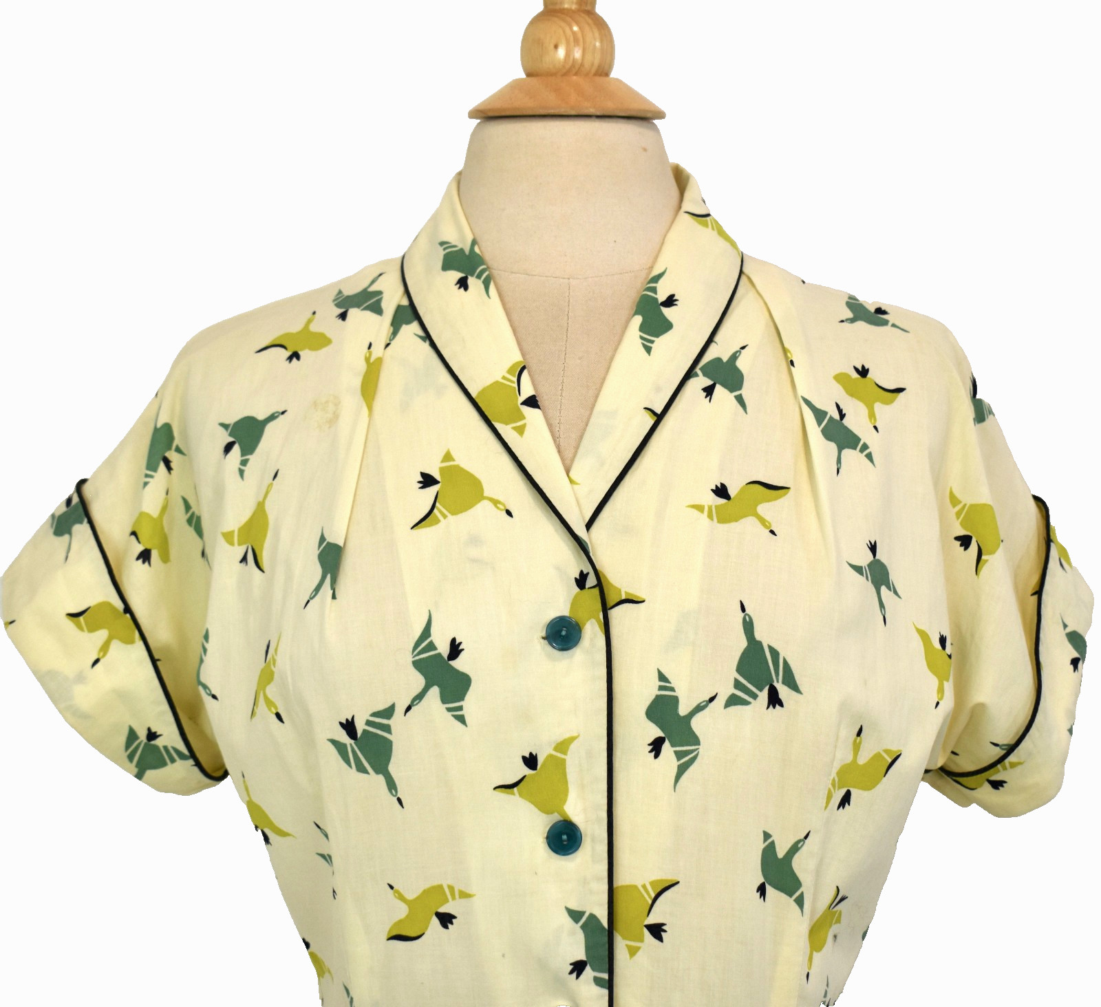 Vtg 40- 50s Day Dress/House Dress Butter Yellow Novelty Bird Print Geese L
