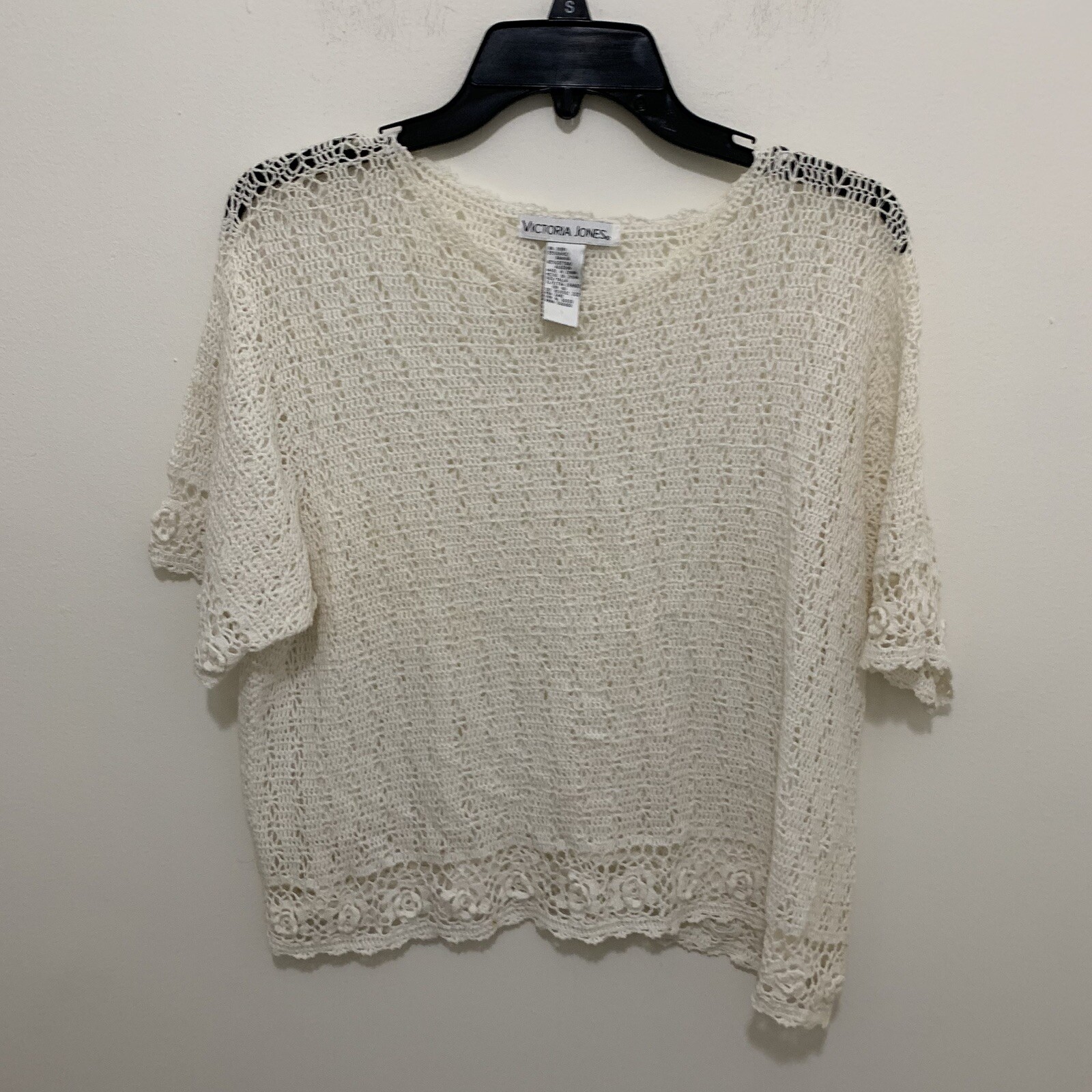Vintage 90s Victoria Jones Womens XL Ramie Cream Short Sleeve Knit Top Sweater