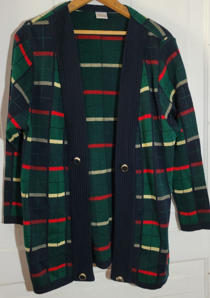 80s VTG Dark Academia Tartan Plaid Cardigan Sweater Open Front M/L Grandmacore