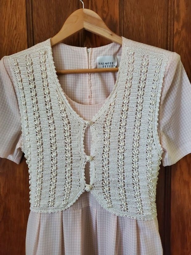 Halmode Petites Pink White Gingham Vintage Dress Crocheted Pearl Vest Overlay 6P