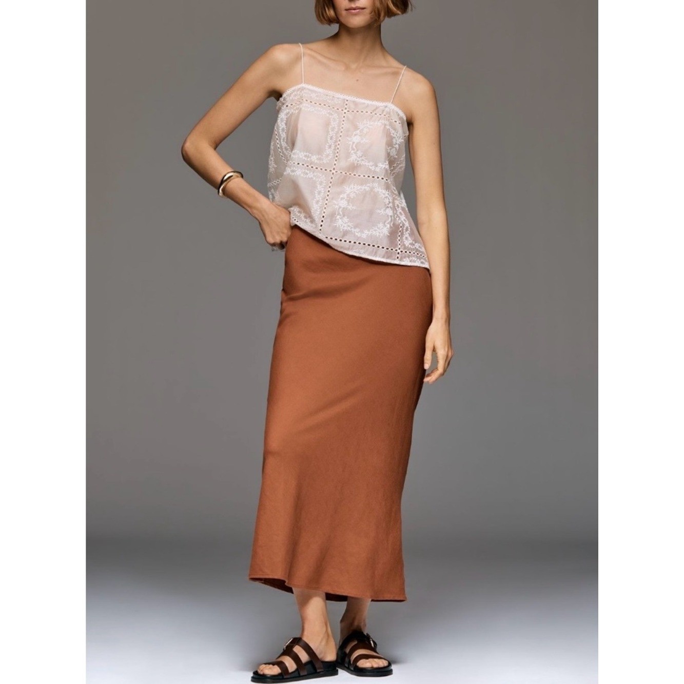 Think Anthropologie Tilda slip skirt.Women&rsquo;s small rust satin midi. Drawstring