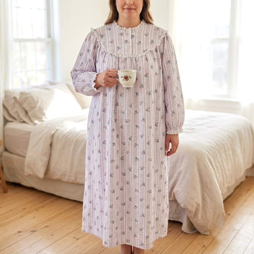 Vtg NEW LANZ 2X 22/24 Tyrolean Floral Stripe Eyelet Lace Long Flannel Nightgown