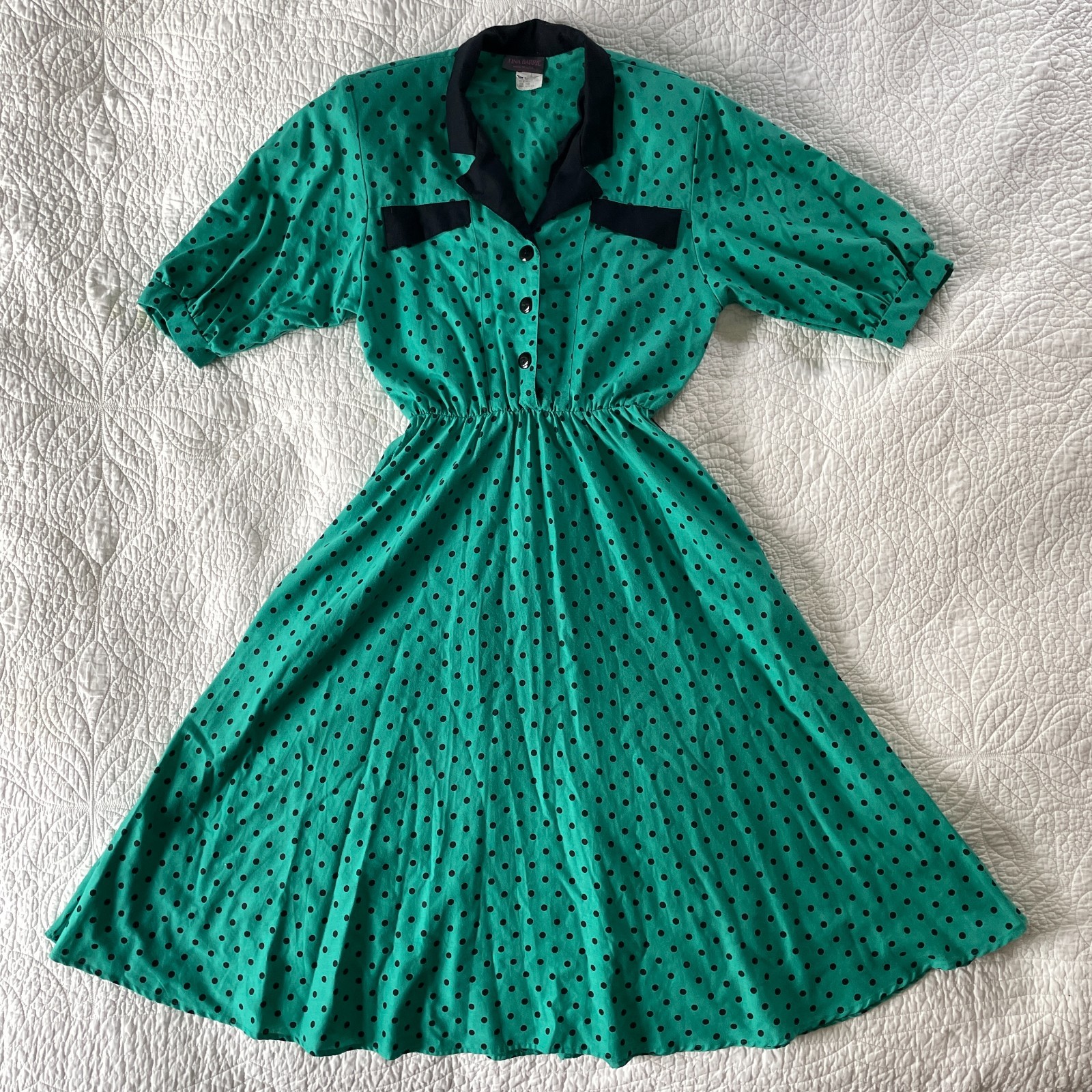 Vintage 80s Tina Barrie Green Polka Dot Dress 10 Shoulder Pads Made in USA Retro