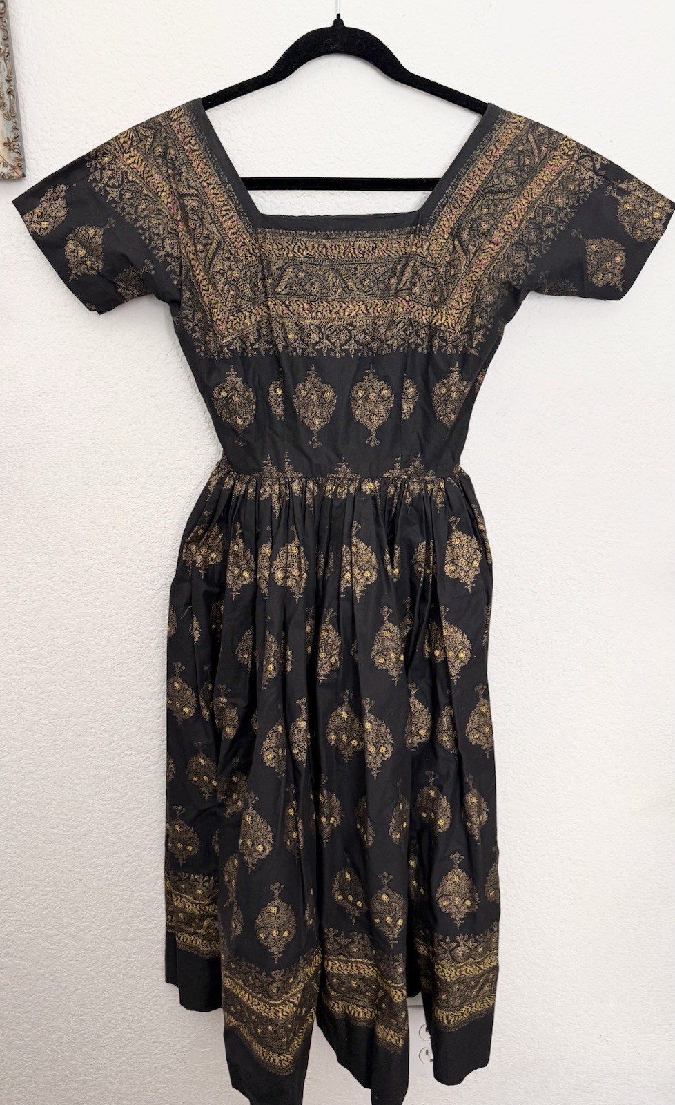Vintage 50s Anne Fogarty Dress Metallic Gold Ornate Swing Fit And Flare Full
