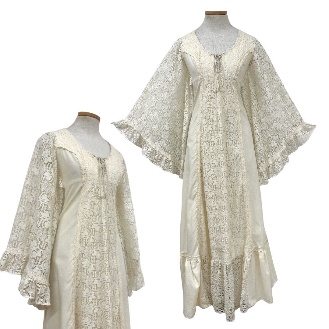 Vintage 1970s Angel Sleeve Ivory Lace Cottagecore Style Maxi Dress Cutout Label