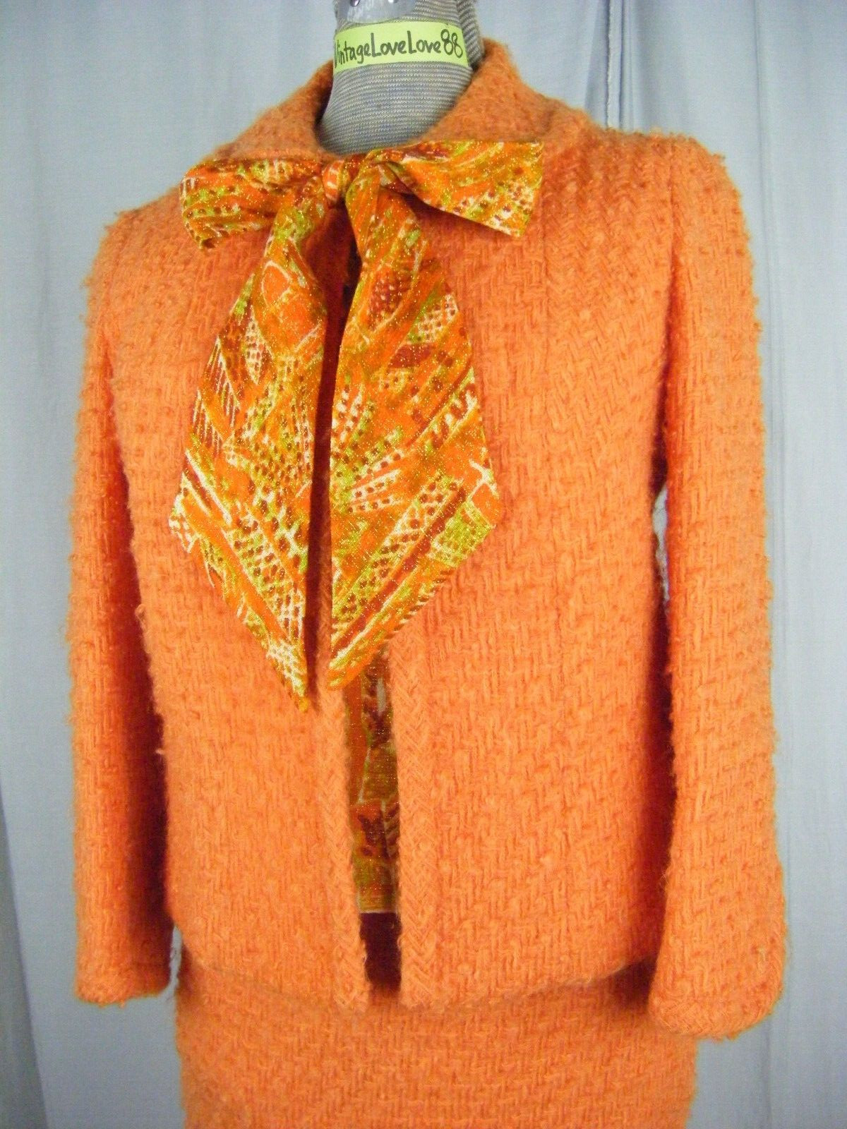 LILLI ANN Vtg 60s Orange Woven Wool Mod Jacket/Top/Skirt-Bust 36/Waist 24