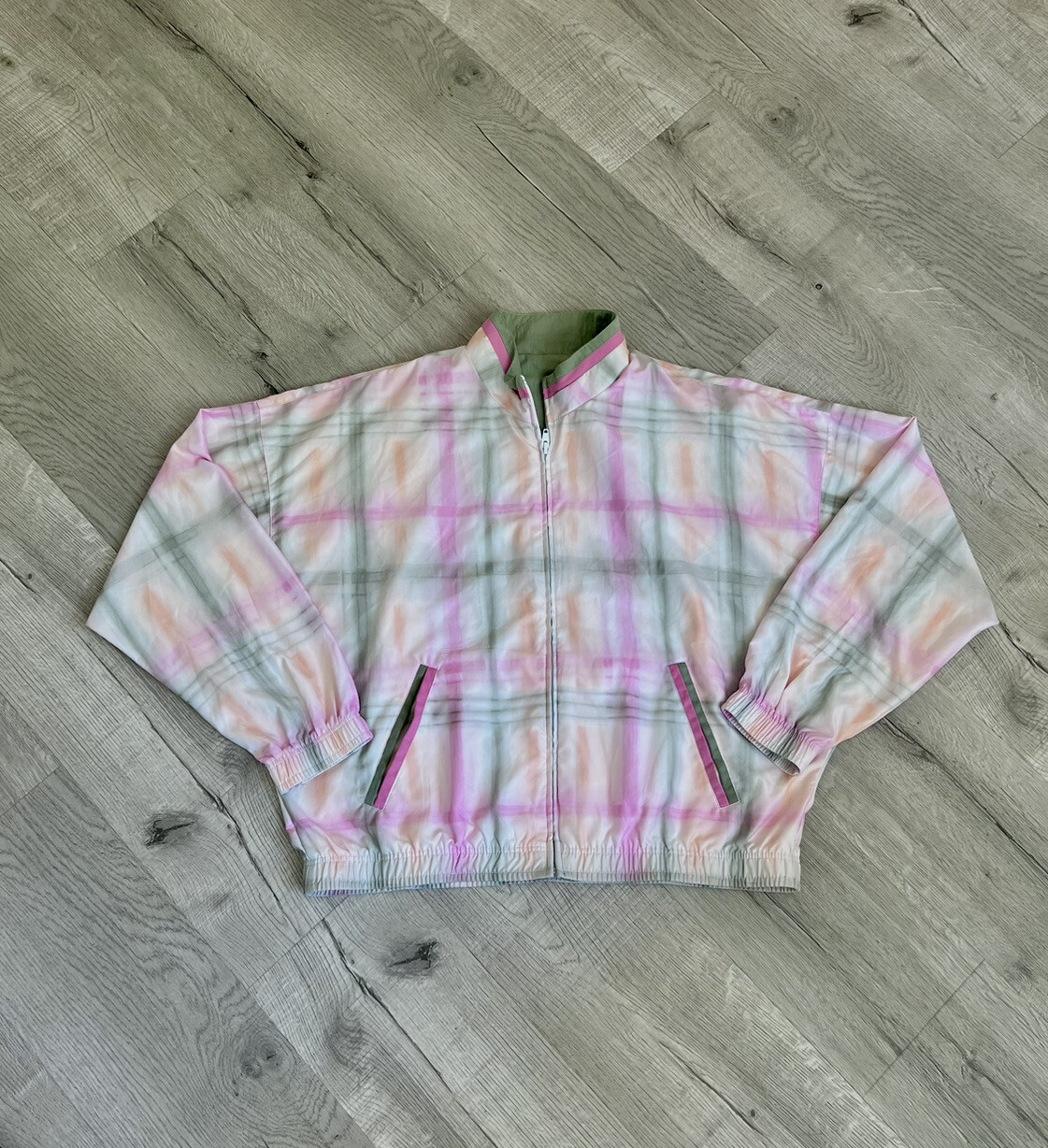 Vintage – TAIL Bomber Jacket-Green/Pink-White Plaid-size Medium