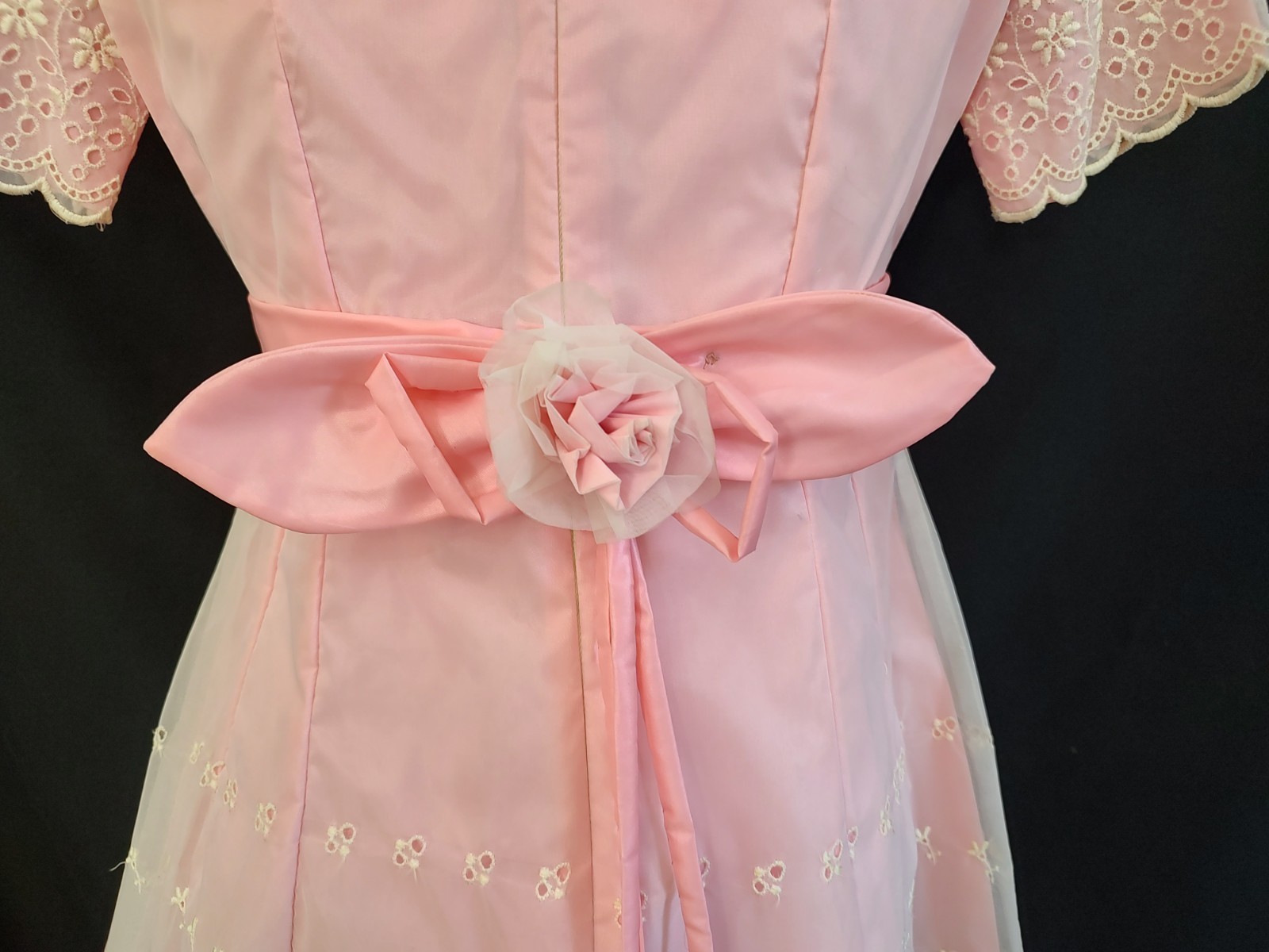 60&rsquo;s Vintage Pink Dress Eyelet Organza Taffeta Coquette Girly Short Sleeve XS/S