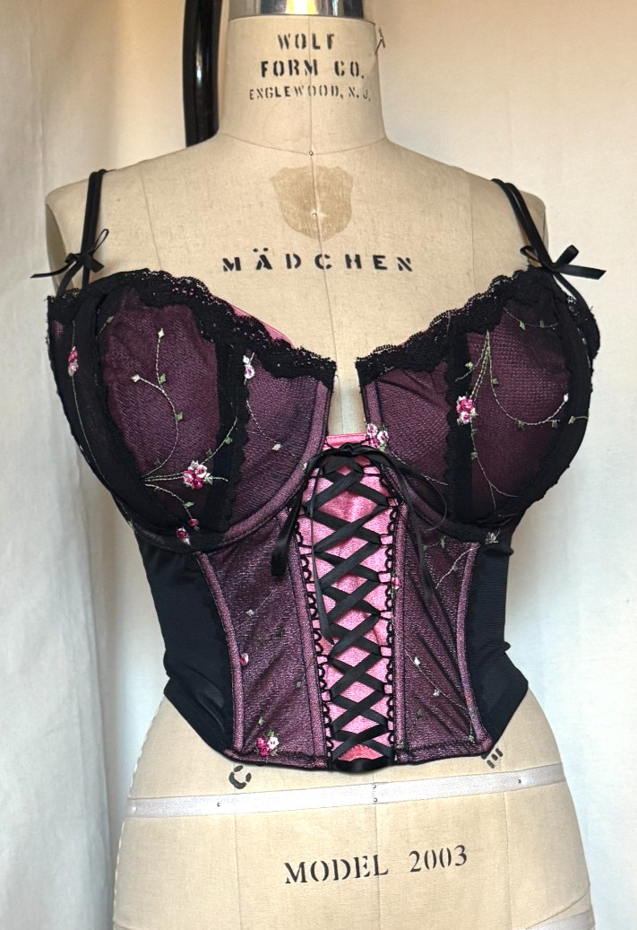 LACE FRONT CORSET BUSTIER « ENCHANTED » SHEER BLACK NYLON w EMBROIDERED CUPS 42DD