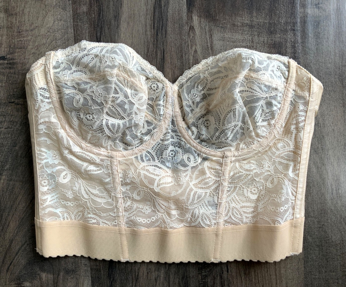 Vintage ADONNA Nude Beige Strapless Nylon LACE BUSTIER Bra Size 40C