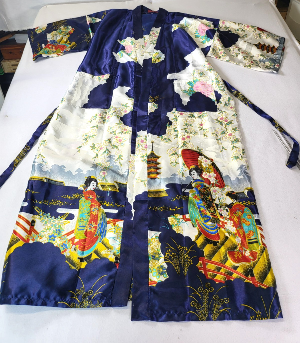VTG Silver Dragon De Oriental Classic Blue Kimono Robe Geisha Womens XXL
