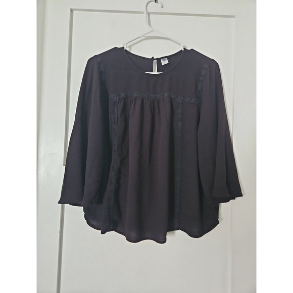 Old Navy Black Lace Trim Boho Blouse Large Rayon Bell Sleeve Peasant Top
