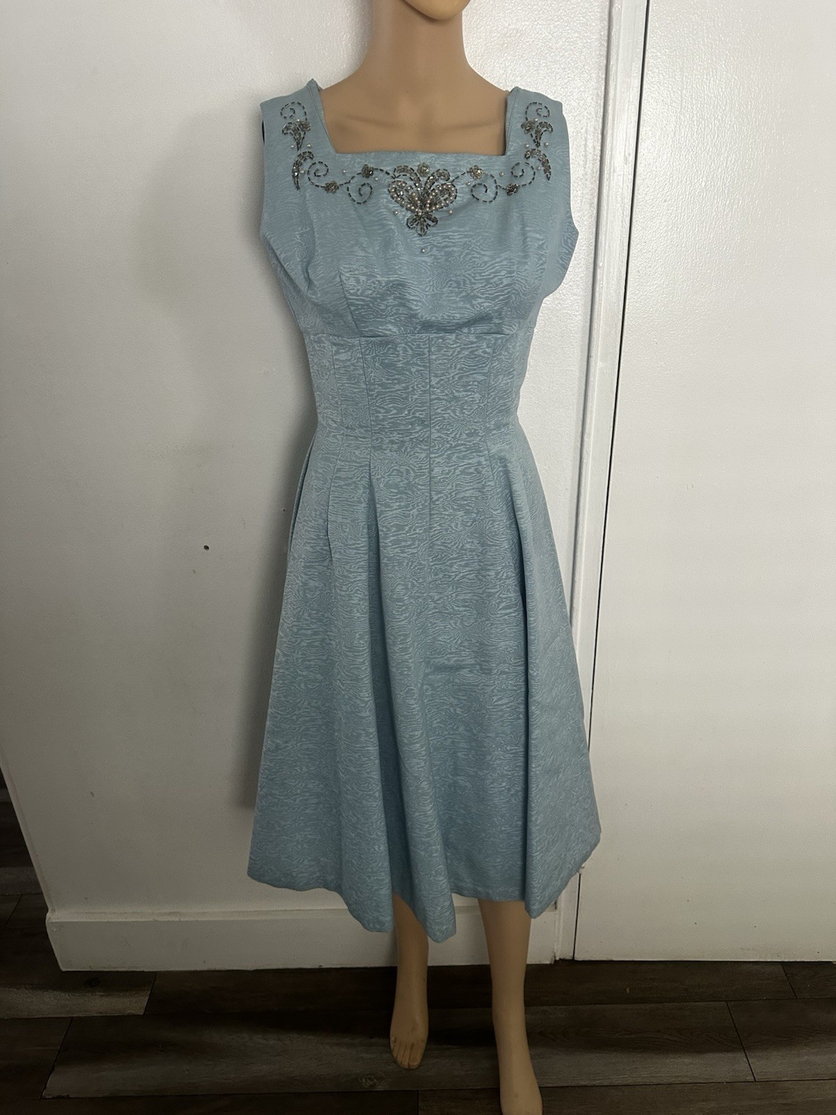 PRISTINE Vtg 1950s JUNIOR THEME Blue Moire Taffeta Dress & Bolero Set Beaded XS