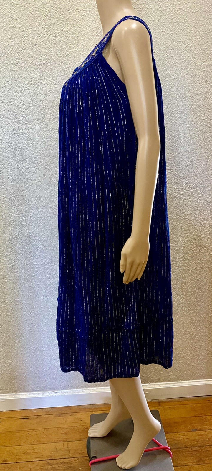 70s Boho Indigo Blue Sheer Cotton Gauze Gold Metallic Crochet Lace Sundress OS