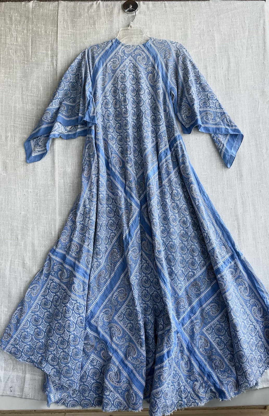 Vintage 70s Flowy Blue Paisley Bandana Boho Cotton Kaftan Maxi Dress One Size