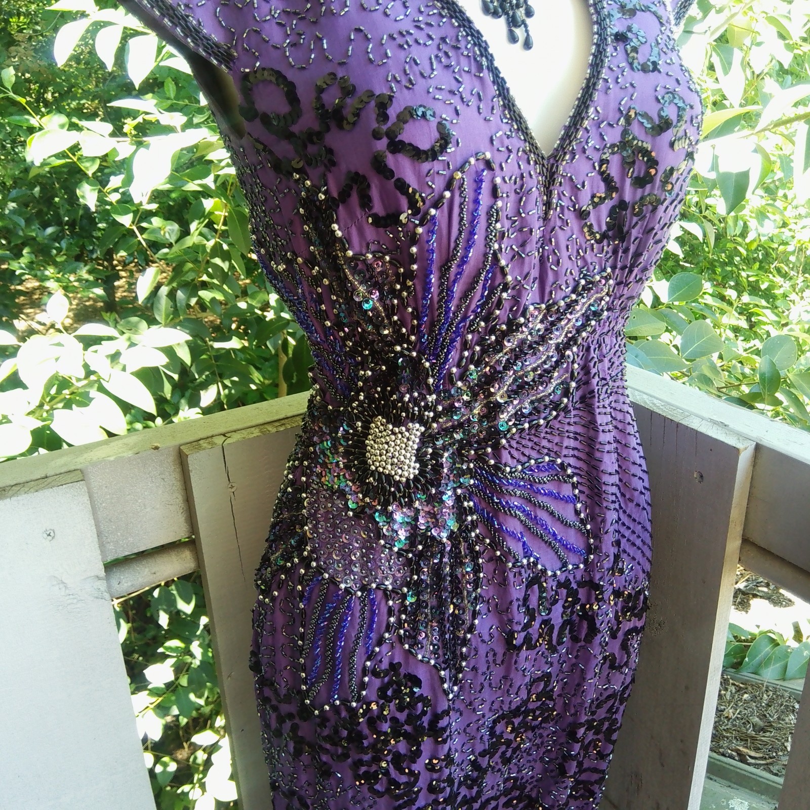 Vintage 80s Sequin Beaded Silk Purple Evening Dress Gown