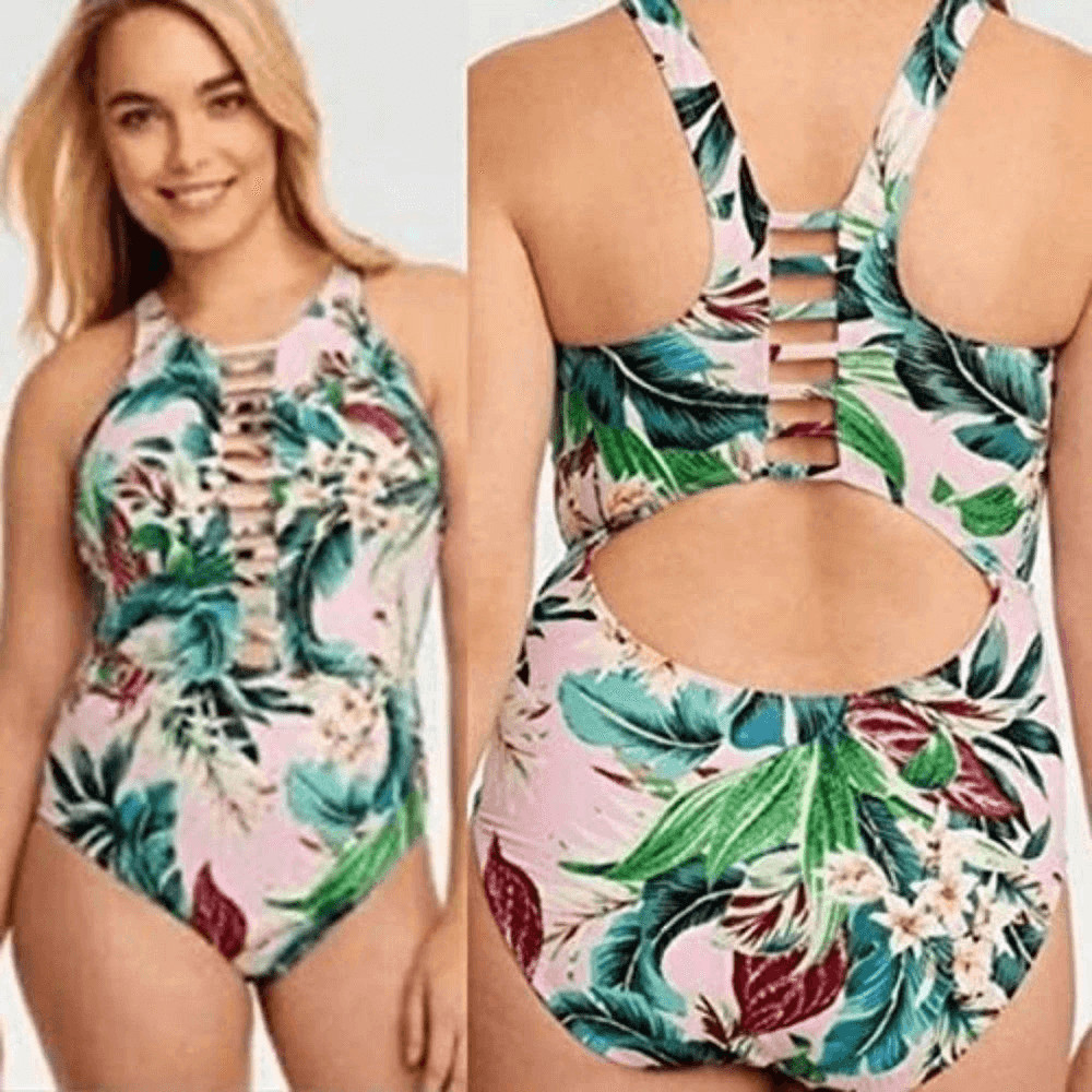 Miraclesuit Pink Floral High Neck Swimsuit Sz Medium