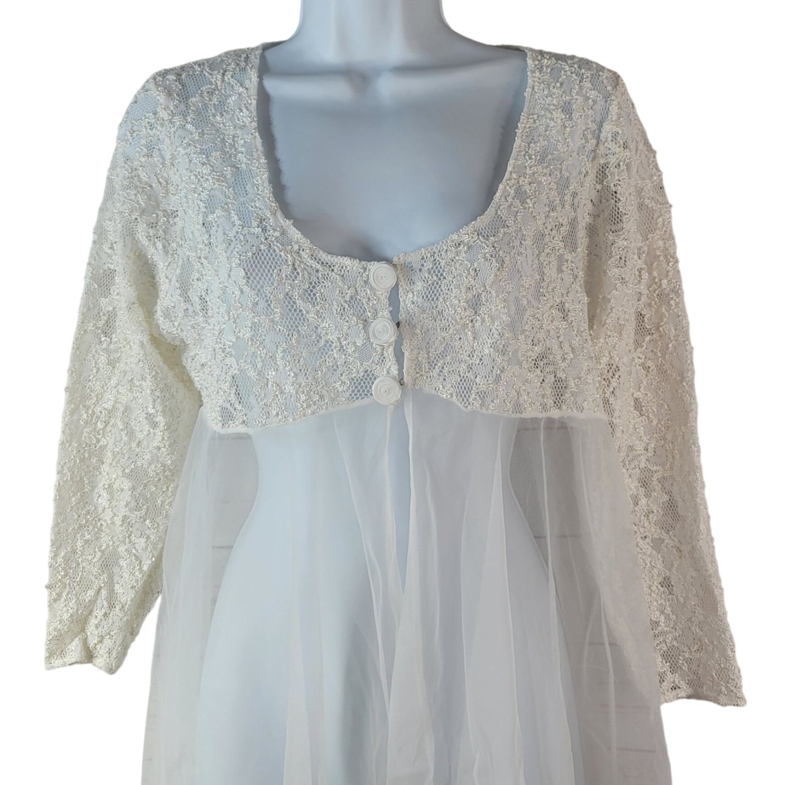 Val Mode Short Sheer Robe White Medium Button Bridal Chiffon Lace Peignoir VTG