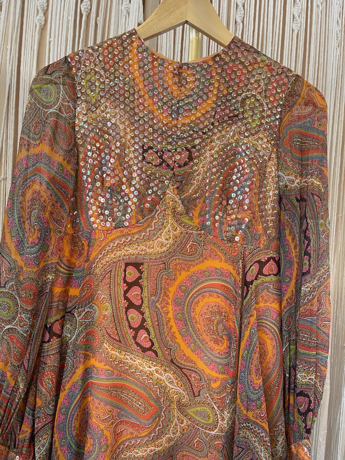 Vintage 60s/70s Lisa Meril Paisley Mini Dress sequin detail bright colors Disco