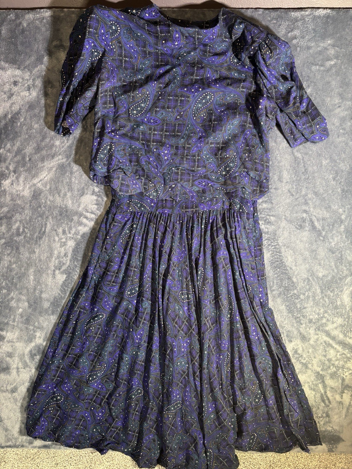 Karin Stevens Vintage Paisley Geometric Top & Skirt Set Purple Blue Size 12