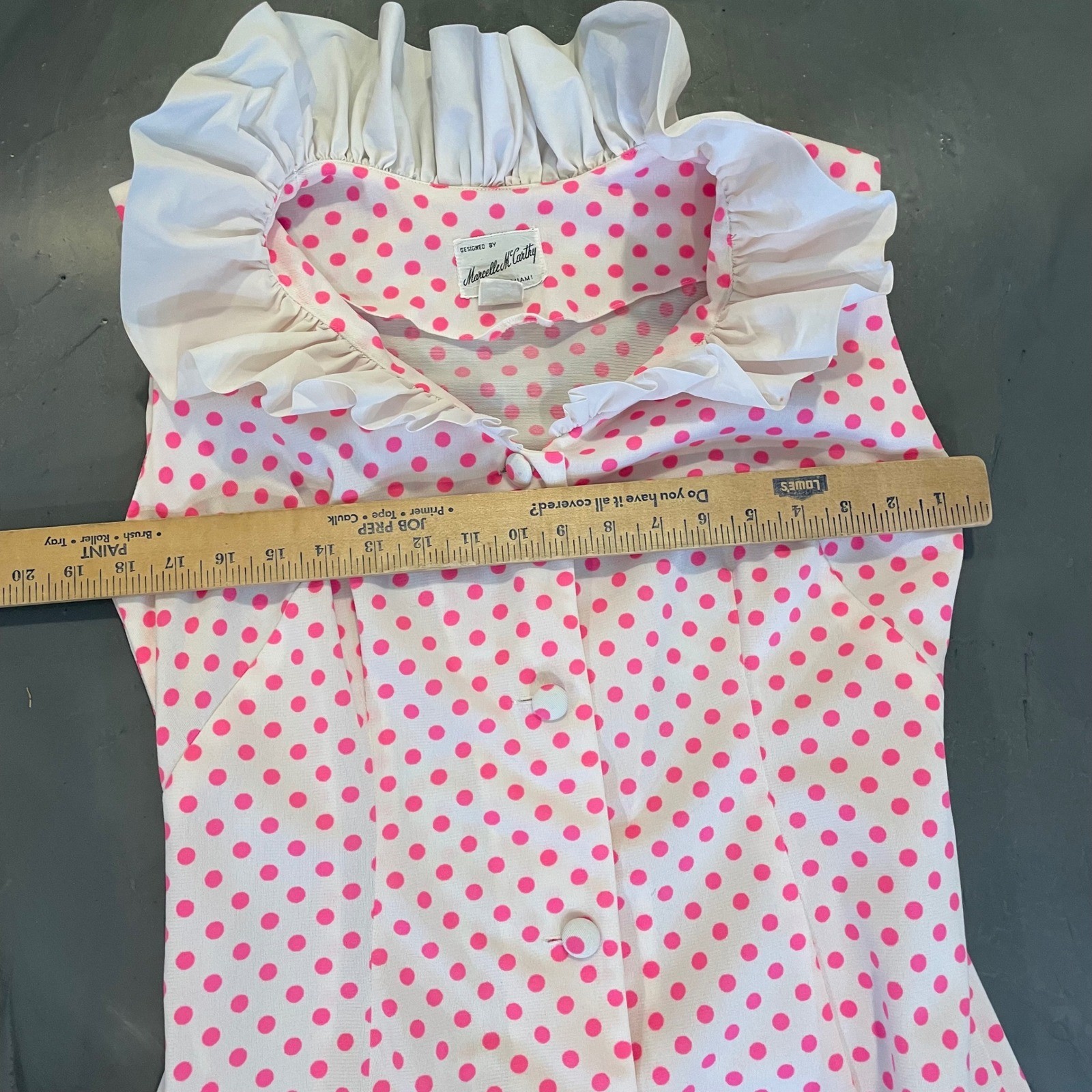 VTG Marcelle McCarthy Miami Pink Polka Dot Ruffle Collar Maxi Dress Womens M 60s