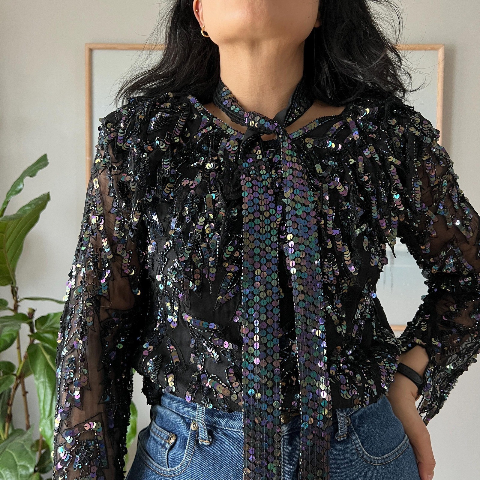 Vintage Silk Sequin Blouse Black Sheer Party Top 90s Y2K Glam Evening