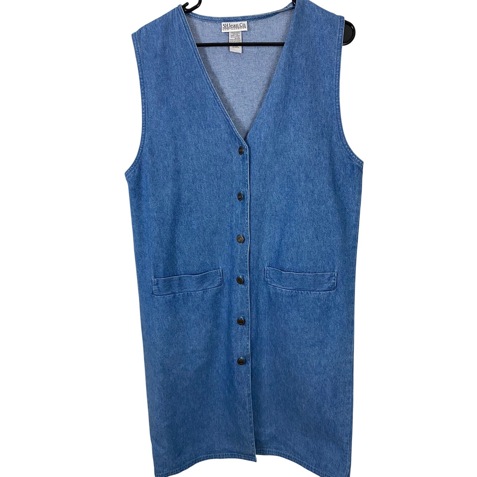 Vtg Denim Jumper Women Small Blue SHJean Longline Button Front chore pockets
