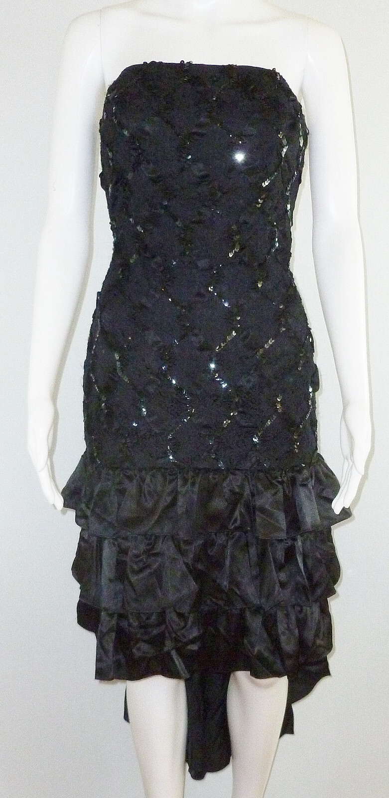 La Glo 80s 90s Vintage Lace Sequin Prom Strapless Dress Black High Low Hem XS