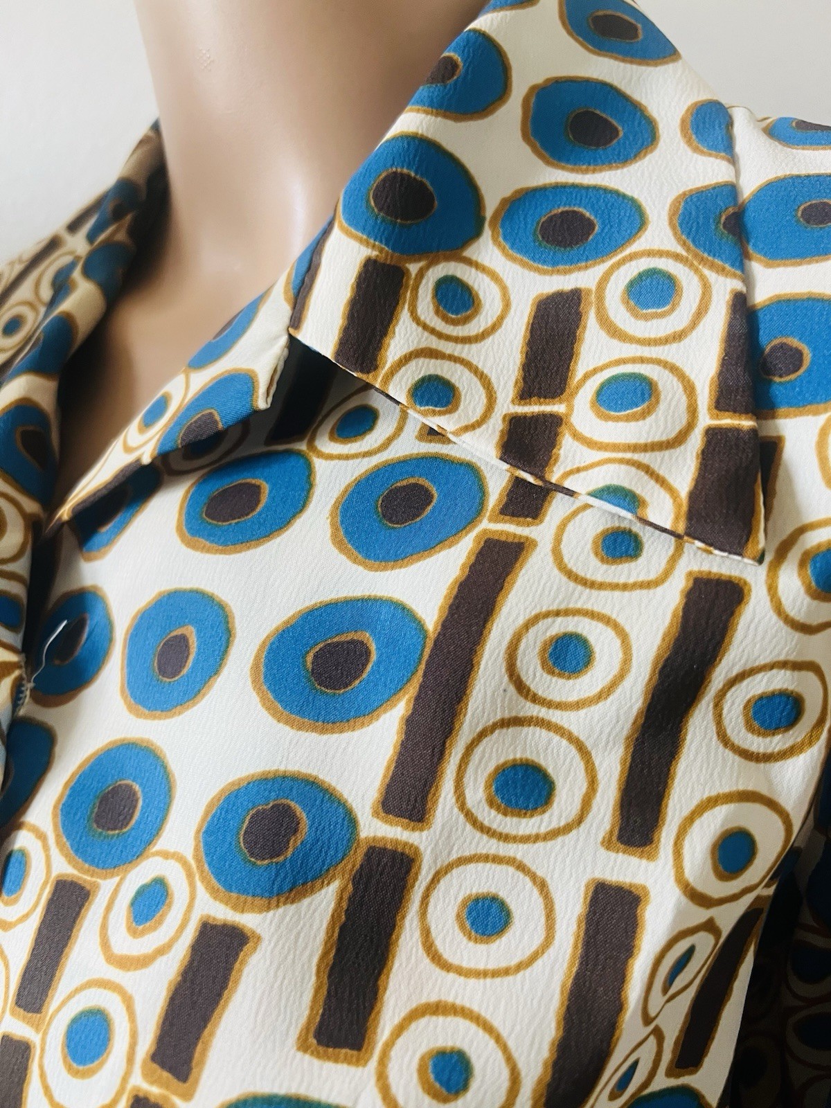 VTG 70s Disco Bold Geometric Circles Big Collar Blouse Graff Californiawear Top