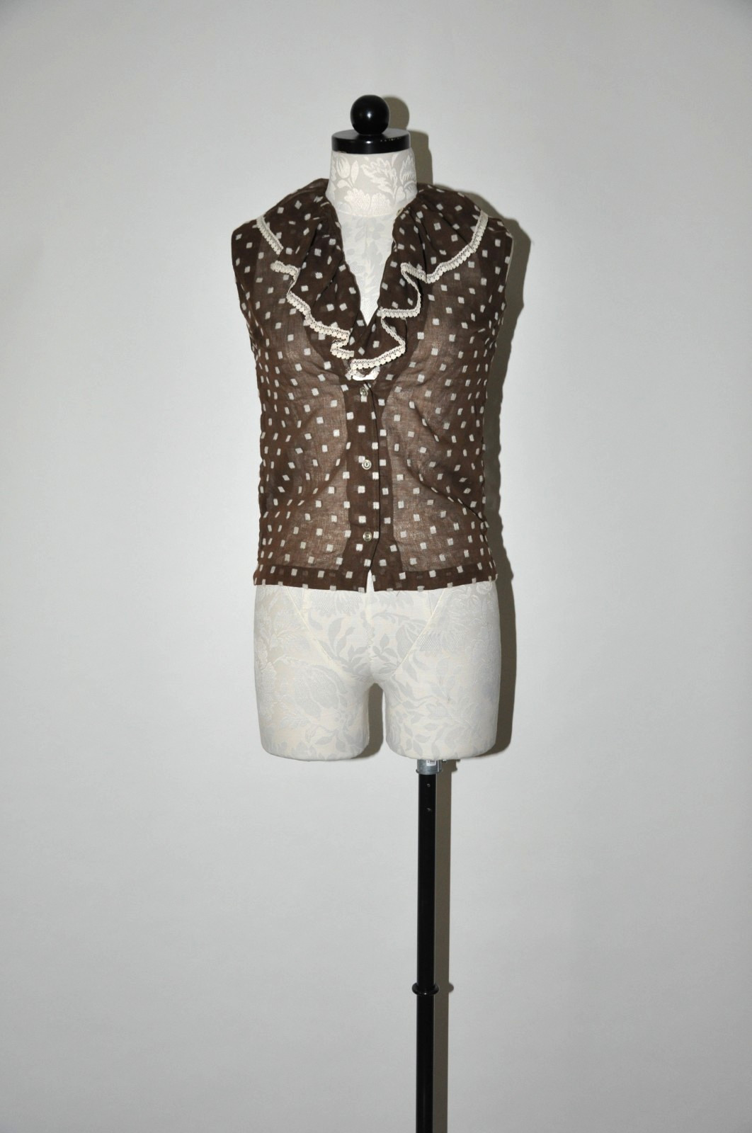 60s Dark Brown Polka Dot Sheer Ruffle Neck Sleeveless Crop Top Blouse Women XXS