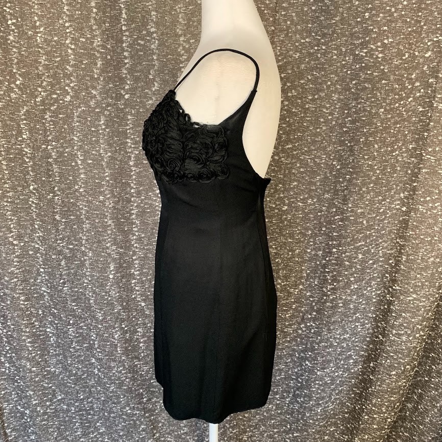 Vintage Flirtations Y2K Gothic Glam Black Dress Beaded Rosette Bodice Whimsigoth