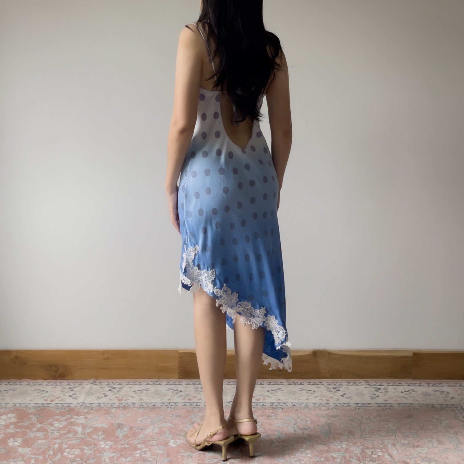 Vintage Pale Lavender & Hand-Dyed Blue Silk Polka Dot Slip Dress (S–M)