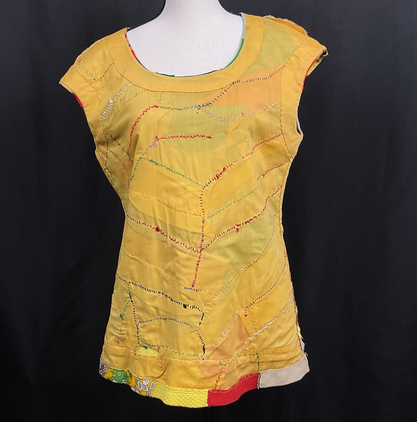 Vintage Patchwork Quilted Shirt 19” Bust Handmade 70’s Hippie Boho Kitschy Lined