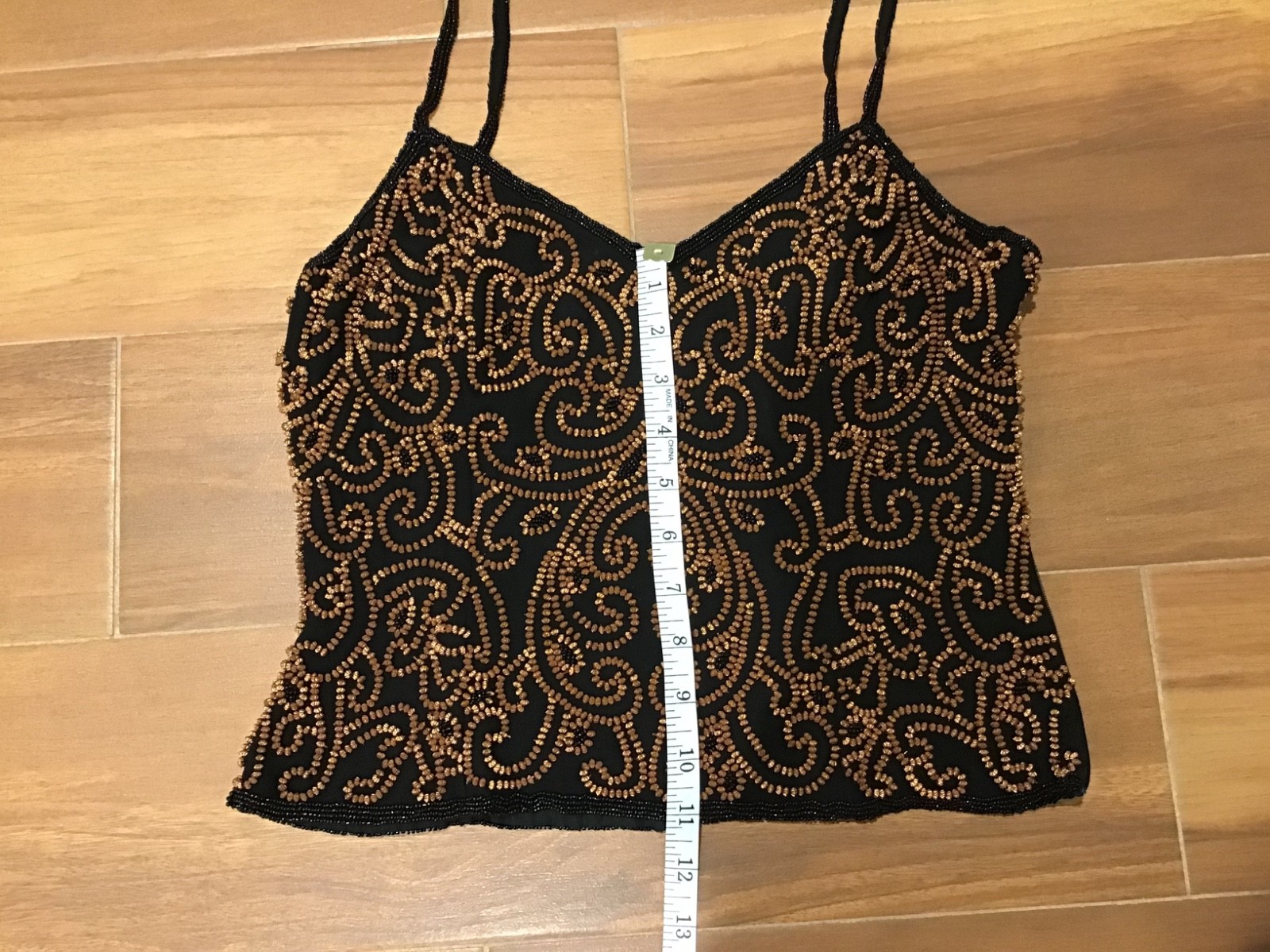 Vintage 90s Cache Black Beaded Cami Top Size 2 Bronze Embellished Boned Corset